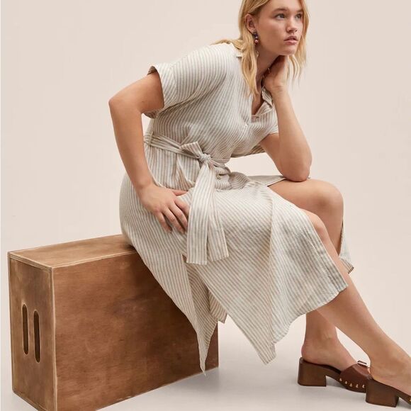 Mango 100% Linen Striped Belted Shirt Dress New - Picture 7 of 11